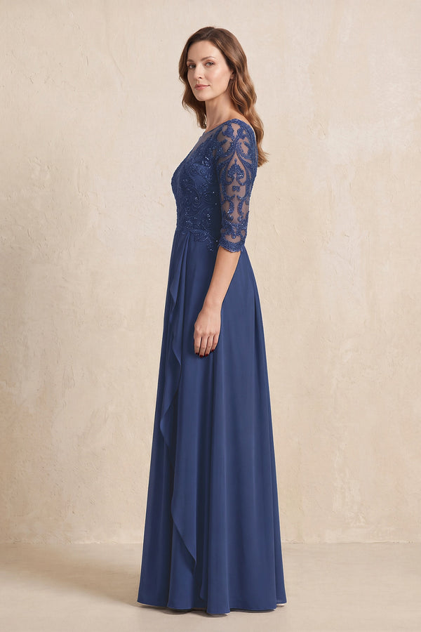 Navy Illusion Neck Sheath Embroidered Chiffon Mother of the Bride Dress with Half Sleeves (3) | KISSBRIDAL