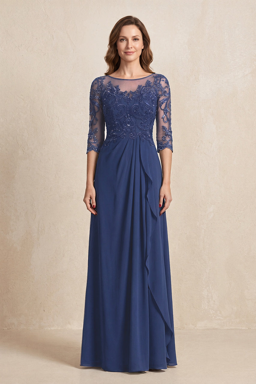 Navy Illusion Neck Sheath Embroidered Chiffon Mother of the Bride Dress with Half Sleeves