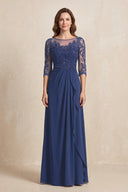 Navy Illusion Neck Sheath Embroidered Chiffon Mother of the Bride Dress with Half Sleeves | KISSBRIDAL