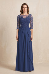 Navy Illusion Neck Sheath Embroidered Chiffon Mother of the Bride Dress with Half Sleeves | KISSBRIDAL