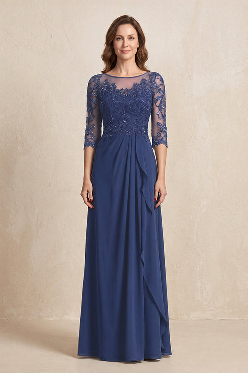 Navy Illusion Neck Sheath Embroidered Chiffon Mother of the Bride Dress with Half Sleeves | KISSBRIDAL