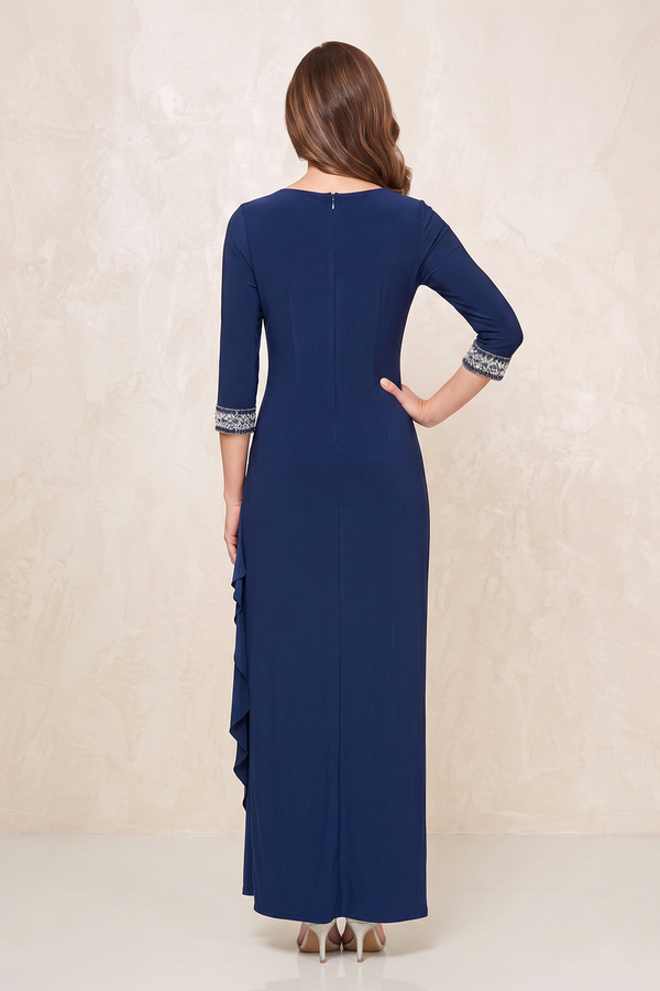Navy Linen Sheath Ruched Mother of the Bride Dress with Sleeves (2) | KISSBRIDAL