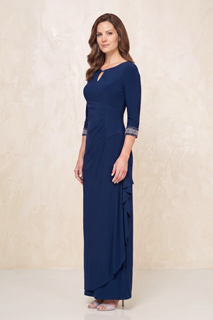 Navy Linen Sheath Ruched Mother of the Bride Dress with Sleeves (3) | KISSBRIDAL