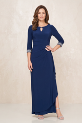 Navy Linen Sheath Ruched Mother of the Bride Dress with Sleeves | KISSBRIDAL