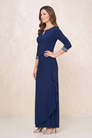 Navy Linen Sheath Ruched Mother of the Bride Dress with Sleeves (3) | KISSBRIDAL