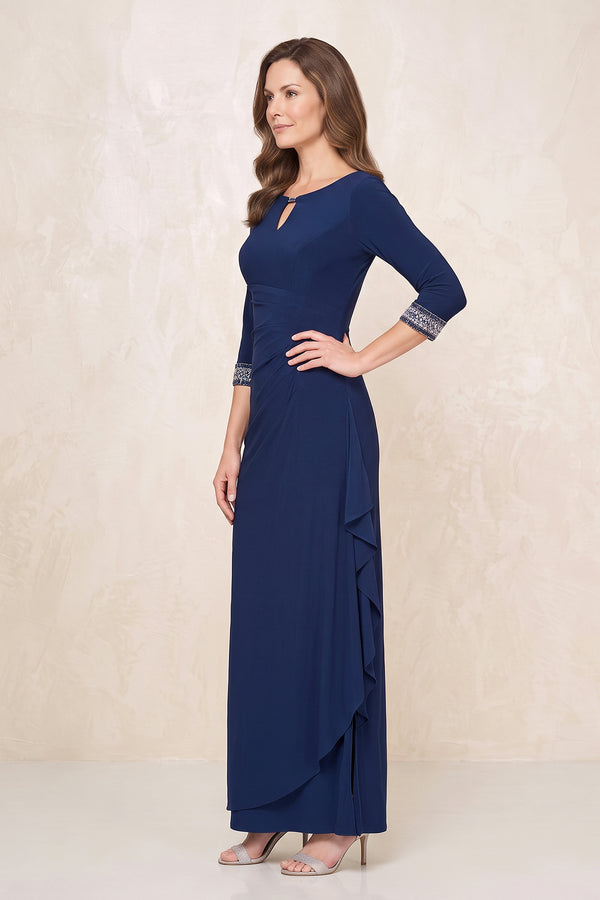 Navy Linen Sheath Ruched Mother of the Bride Dress with Sleeves (3) | KISSBRIDAL