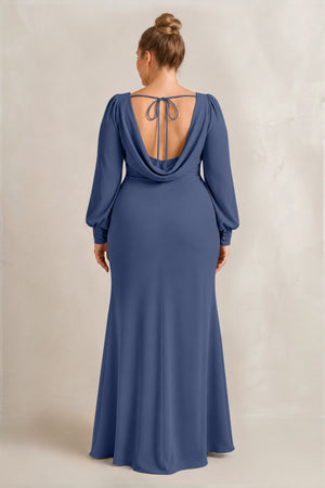 Navy Long Sleeve V-Neck Sheath Chiffon Bridesmaid Dress (2) [sizeplus] | KISSBRIDAL