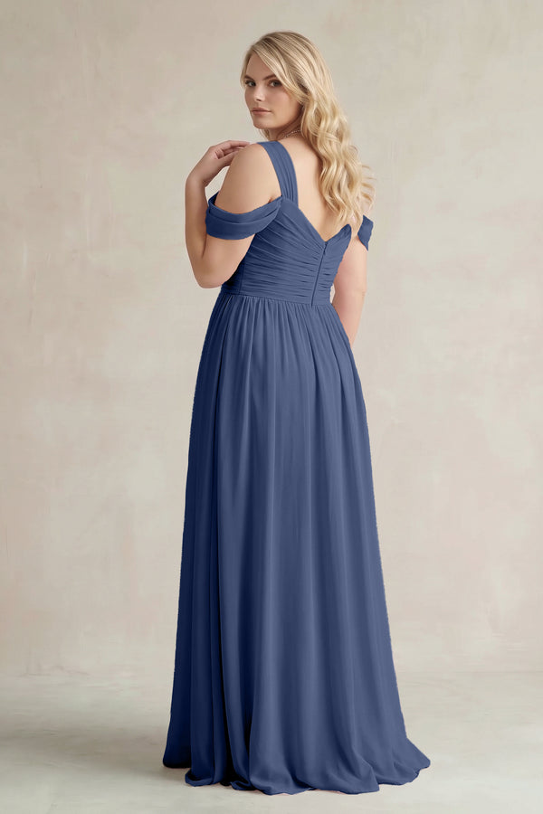 Navy Off-the-Shoulder A-Line Chiffon Bridesmaid Dress With Slit (2) | KISSBRIDAL