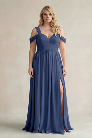 Navy Off-the-Shoulder A-Line Chiffon Bridesmaid Dress With Slit | KISSBRIDAL