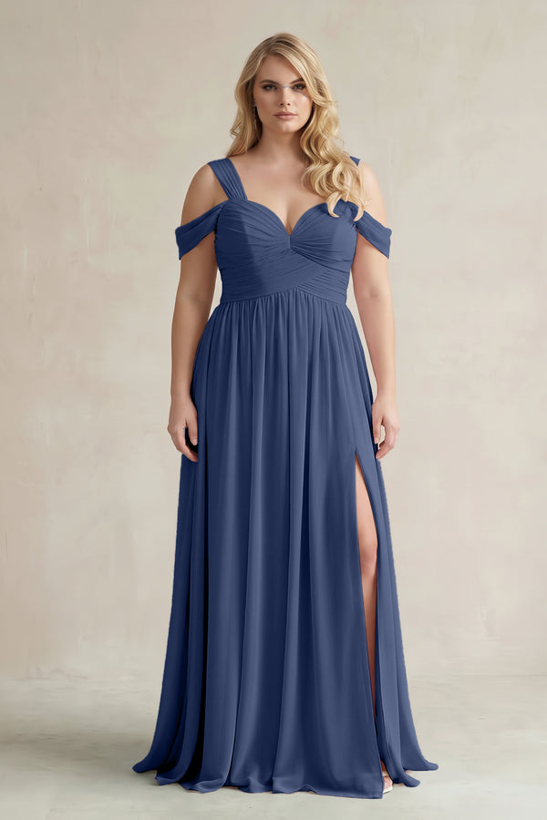 Navy Off-the-Shoulder A-Line Chiffon Bridesmaid Dress With Slit | KISSBRIDAL