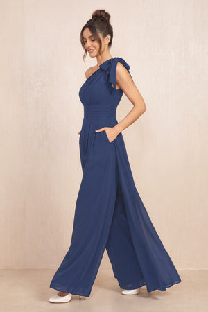 Navy One-Shoulder Chiffon Mother of the Bride Jumpsuits (3) | KISSBRIDAL
