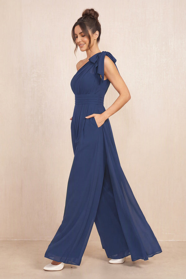 Navy One-Shoulder Chiffon Mother of the Bride Jumpsuits (3) | KISSBRIDAL