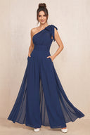 Navy One-Shoulder Chiffon Mother of the Bride Jumpsuits | KISSBRIDAL