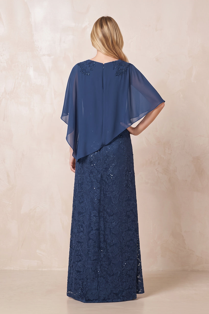 Navy Round Neck Lace Sheath Chiffon Cape Sleeves Mother of the Bride Dress