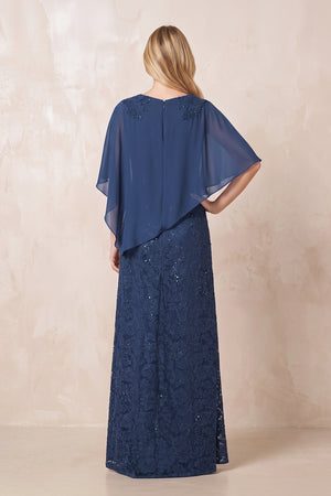 Navy Round Neck Lace Sheath Chiffon Cape Sleeves Mother of the Bride Dress (2) | KISSBRIDAL