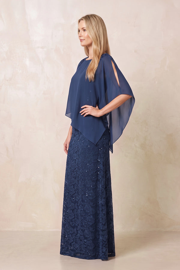 Navy Round Neck Lace Sheath Chiffon Cape Sleeves Mother of the Bride Dress (3) | KISSBRIDAL