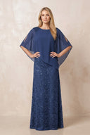 Navy Round Neck Lace Sheath Chiffon Cape Sleeves Mother of the Bride Dress | KISSBRIDAL