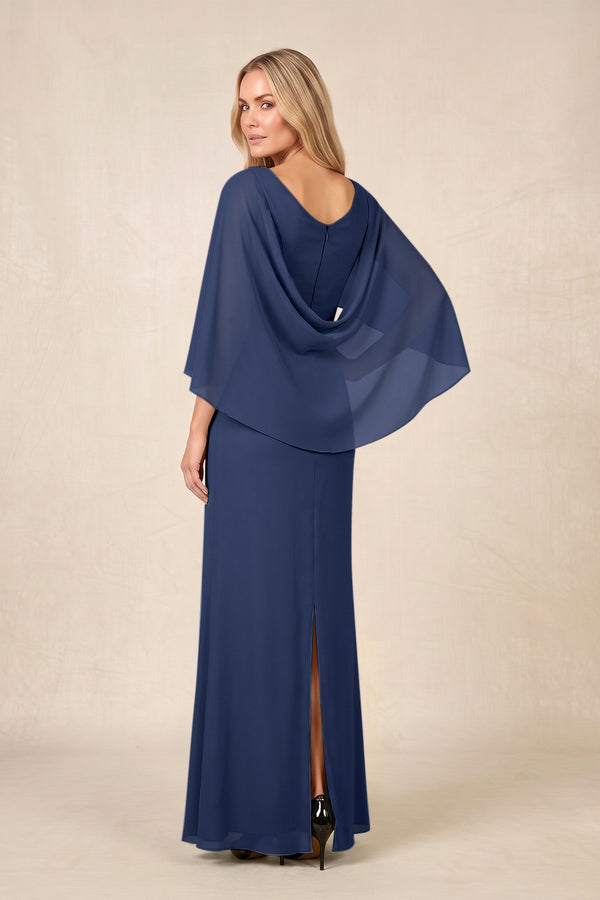 Navy Round Neck Sheath Chiffon Cape Sleeves Ruched Mother of the Bride Dress (2) | KISSBRIDAL