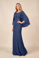 Navy Round Neck Sheath Chiffon Cape Sleeves Ruched Mother of the Bride Dress | KISSBRIDAL