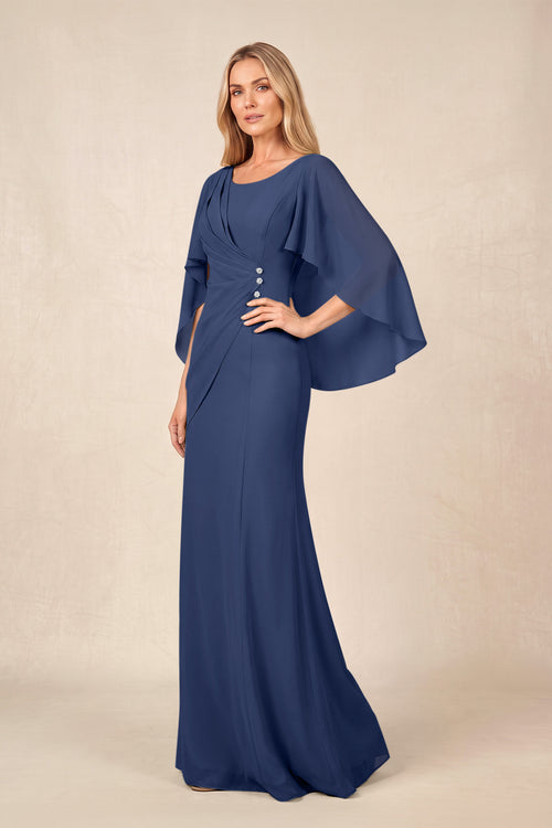 Navy Round Neck Sheath Chiffon Cape Sleeves Ruched Mother of the Bride Dress | KISSBRIDAL