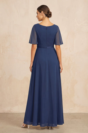 Navy Ruched A-Line Chiffon V-Neck Mother of the Bride Dress with Sleeves (2) | KISSBRIDAL