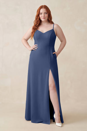 Navy Ruched Sheath Chiffon Bridesmaid Dress [sizeplus] | KISSBRIDAL