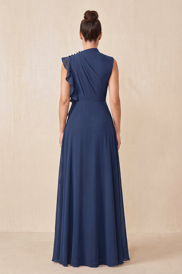 Navy Ruffled A-Line Chiffon Mother of the Bride Dress (2) | KISSBRIDAL