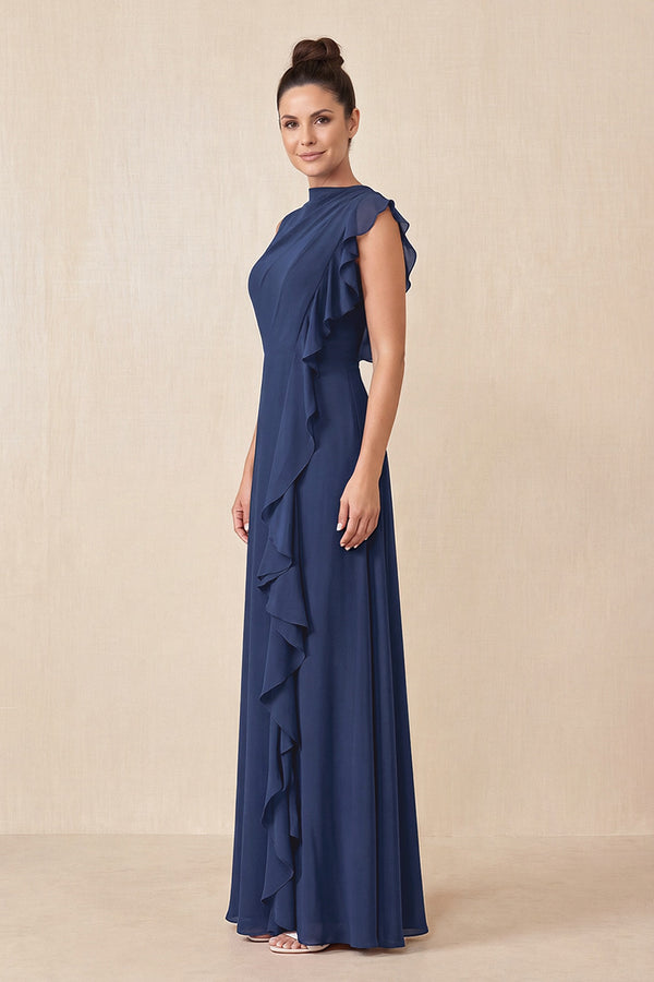 Navy Ruffled A-Line Chiffon Mother of the Bride Dress (3) | KISSBRIDAL