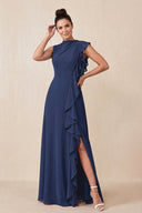 Navy Ruffled A-Line Chiffon Mother of the Bride Dress | KISSBRIDAL