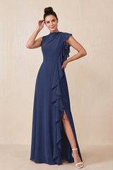 Navy Ruffled A-Line Chiffon Mother of the Bride Dress | KISSBRIDAL