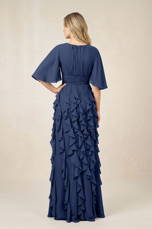 Navy Ruffled Chiffon Half Sleeves A-Line Mother of the Bride Dress (2) | KISSBRIDAL
