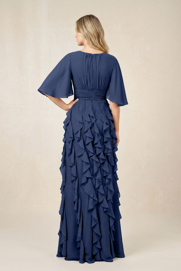 Navy Ruffled Chiffon Half Sleeves A-Line Mother of the Bride Dress (2) | KISSBRIDAL
