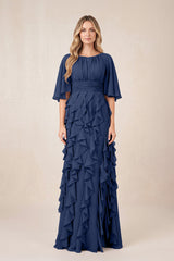 Navy Ruffled Chiffon Half Sleeves A-Line Mother of the Bride Dress | KISSBRIDAL