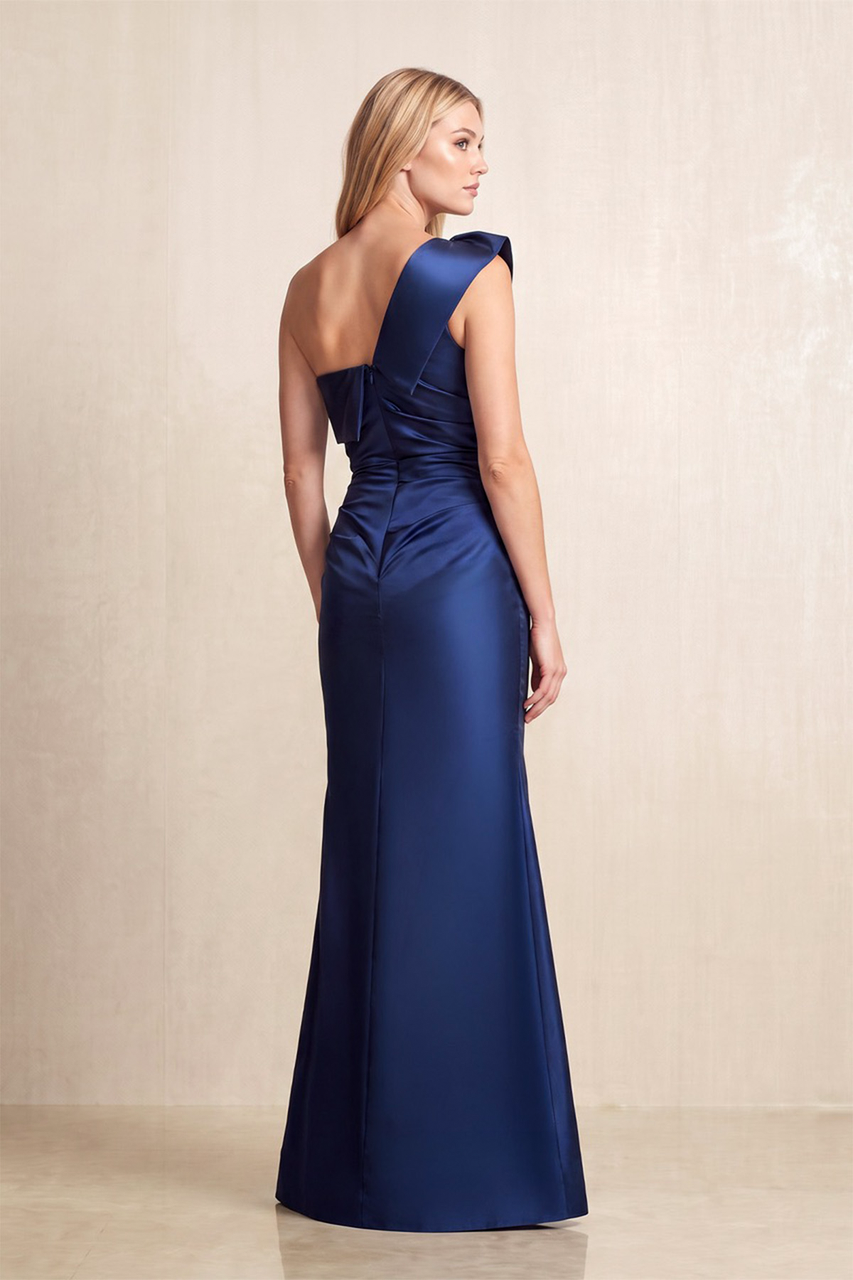 Navy Ruffled One-Shoulder Sheath Satin Mother of the Bride Dress