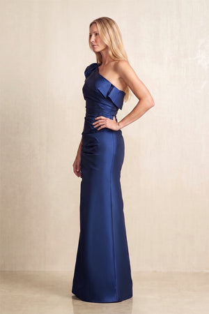 Navy Ruffled One-Shoulder Sheath Satin Mother of the Bride Dress (3) | KISSBRIDAL