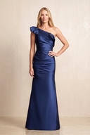 Navy Ruffled One-Shoulder Sheath Satin Mother of the Bride Dress | KISSBRIDAL