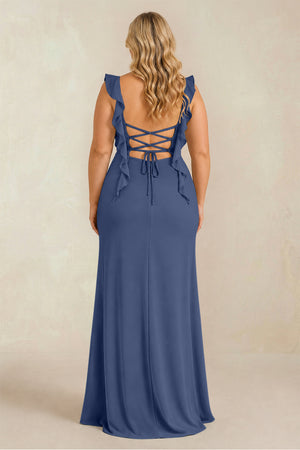 Navy Ruffled Sleeve Ruched Sheath Chiffon Bridesmaid Dress (2) [sizeplus] | KISSBRIDAL