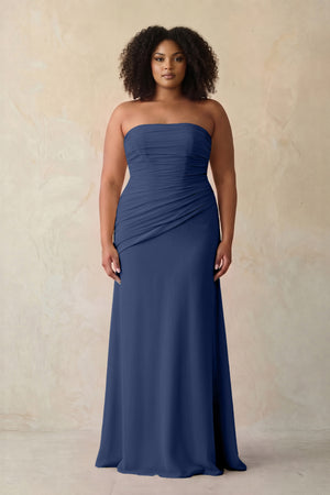 Navy Sheath Chiffon Strapless Pleated Bridesmaid Dress | KISSBRIDAL[sizeplus]
