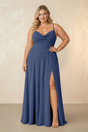 Navy Spaghetti Straps Chiffon A-Line Bridesmaid Dress [sizeplus] | KISSBRIDAL