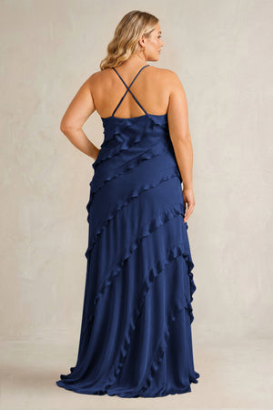Navy Spaghetti Straps Sheath Stain Ruffled Bridesmaid Dress (2) | KISSBRIDAL[sizeplus]