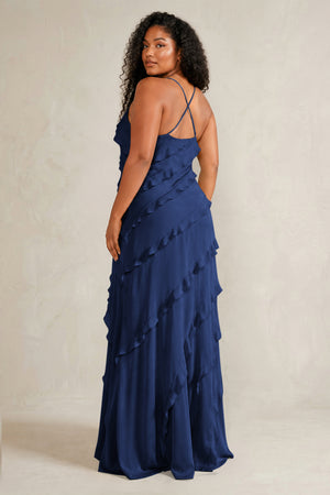 Navy Spaghetti Straps Sheath Stain Ruffled Bridesmaid Dress (4) | KISSBRIDAL[sizeplus]