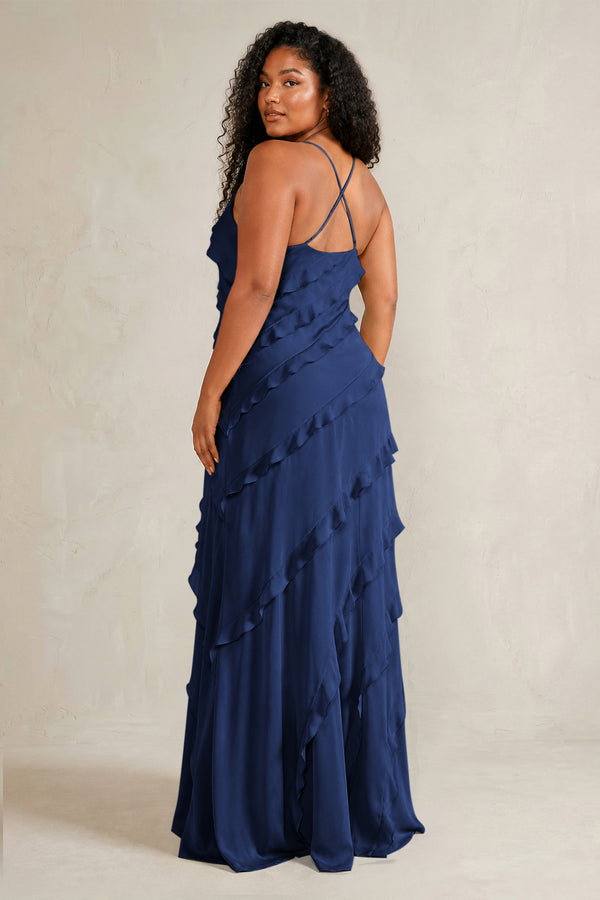 Navy Spaghetti Straps Sheath Stain Ruffled Bridesmaid Dress (4) | KISSBRIDAL[sizeplus]