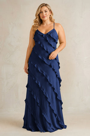 Navy Spaghetti Straps Sheath Stain Ruffled Bridesmaid Dress | KISSBRIDAL[sizeplus]