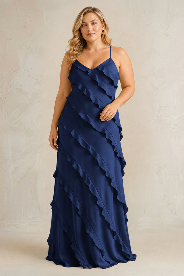 Navy Spaghetti Straps Sheath Stain Ruffled Bridesmaid Dress | KISSBRIDAL[sizeplus]