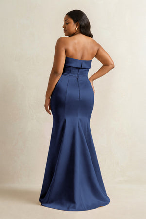 Navy Strapless Satin Mermaid Bridesmaid Dress (2) [sizeplus] | KISSBRIDAL