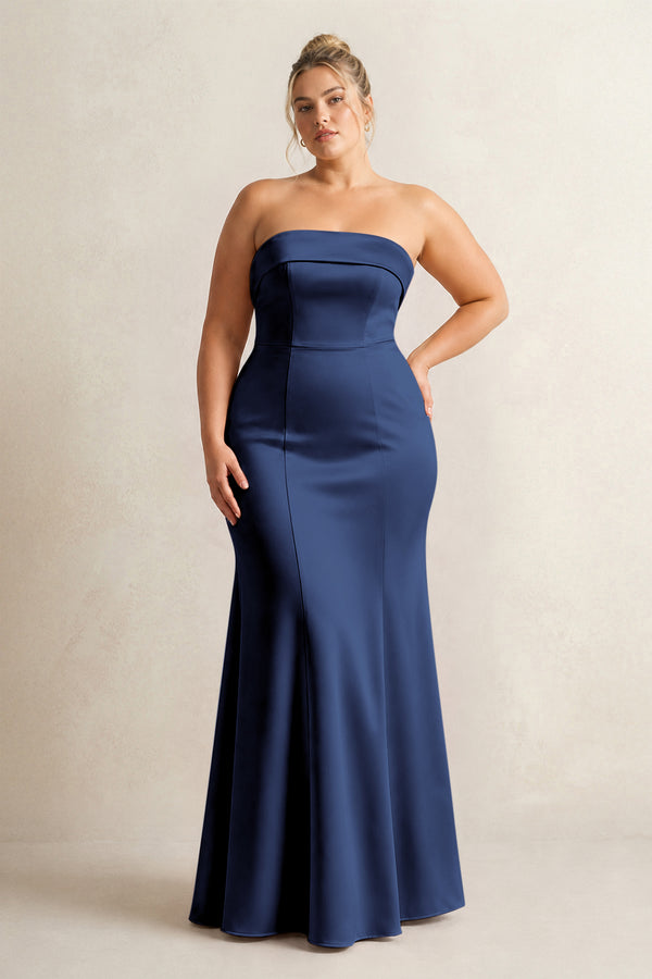 Navy Strapless Satin Mermaid Bridesmaid Dress (3) [sizeplus] | KISSBRIDAL