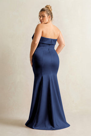 Navy Strapless Satin Mermaid Bridesmaid Dress (4) [sizeplus] | KISSBRIDAL