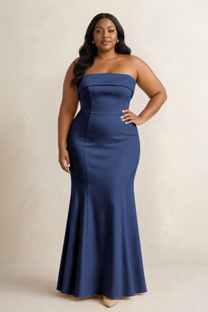 Navy Strapless Satin Mermaid Bridesmaid Dress [sizeplus] | KISSBRIDAL