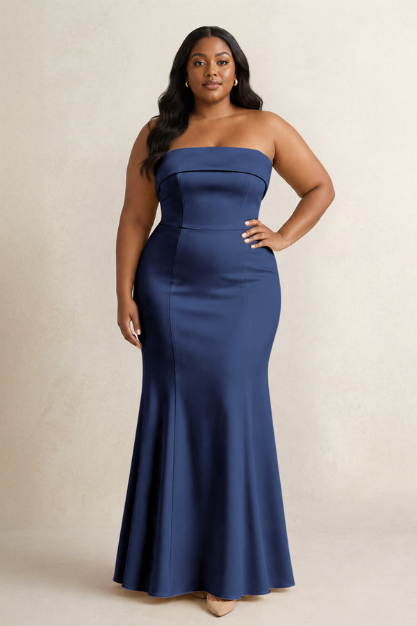 Navy Strapless Satin Mermaid Bridesmaid Dress [sizeplus] | KISSBRIDAL
