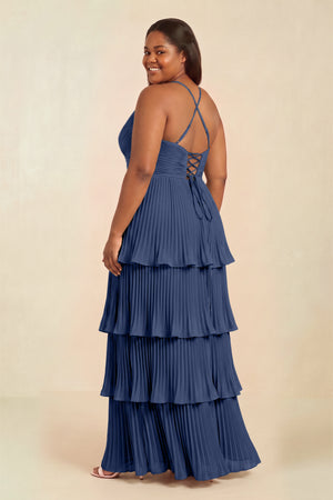 Navy Tiered Pleated V-Neck A-Line Chiffon Bridesmaid Dress (2) [sizeplus] | KISSBRIDAL
